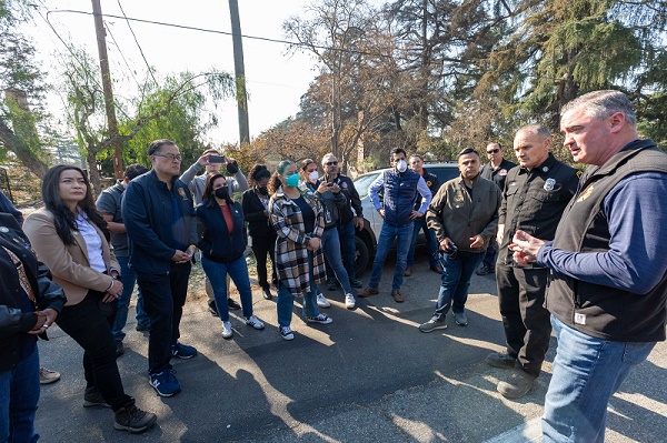 Assemblymember Mike Fong, Speaker Robert Rivas and members of the Los Angeles County Delegation receiving a briefing from emergency officials.